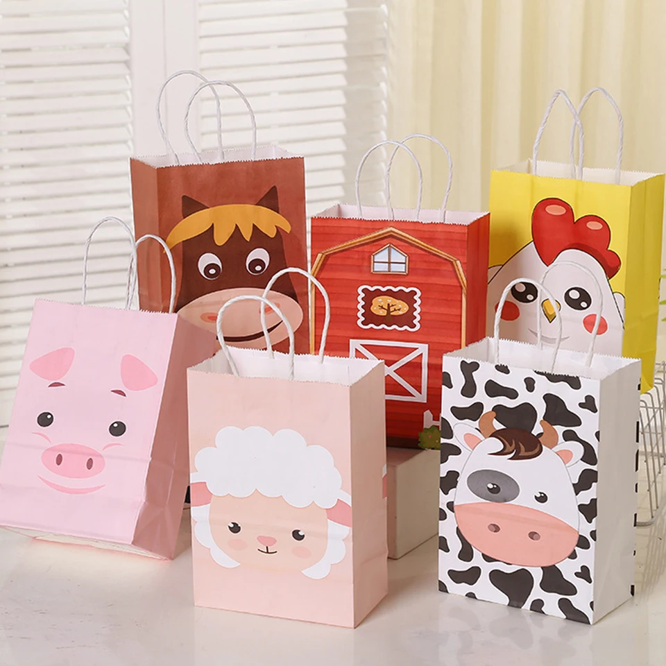 6PCS Carton Farmland Animal Candy Bags Paper Crafts Kraft\'s Packaging Bag for Kids Farm Themed Animal Birthday Party Supplies