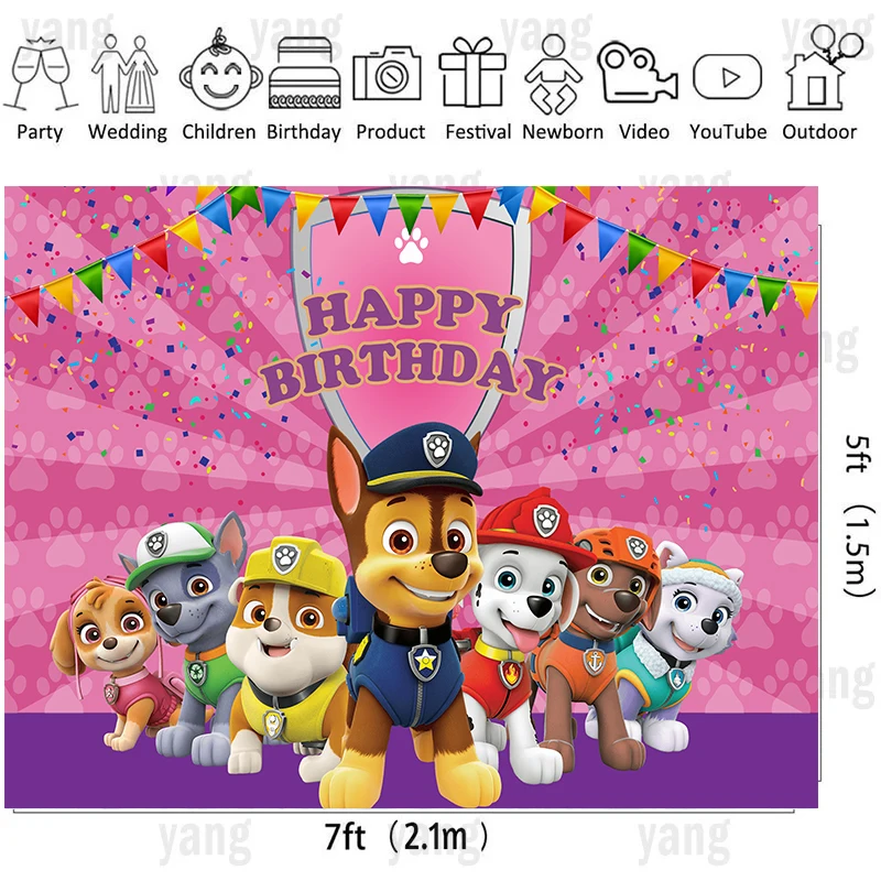 Cartoon Paw Patrol Dog Pink Backdrop Girls Birthday Party Baby Shower Background Banner Marshall Rubble Chase Rocky Zuma Skye