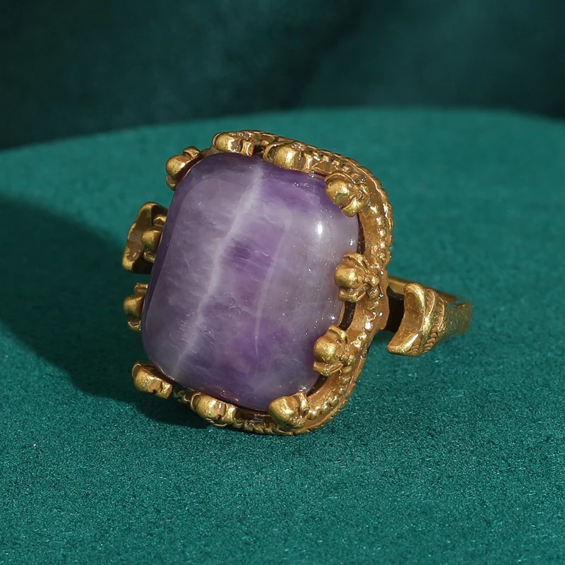 Vintage Square Purple Stone Ring Natural For Woman Antique Gold Color Luxury Designer Brands Jewelry Couples Gift Accessories