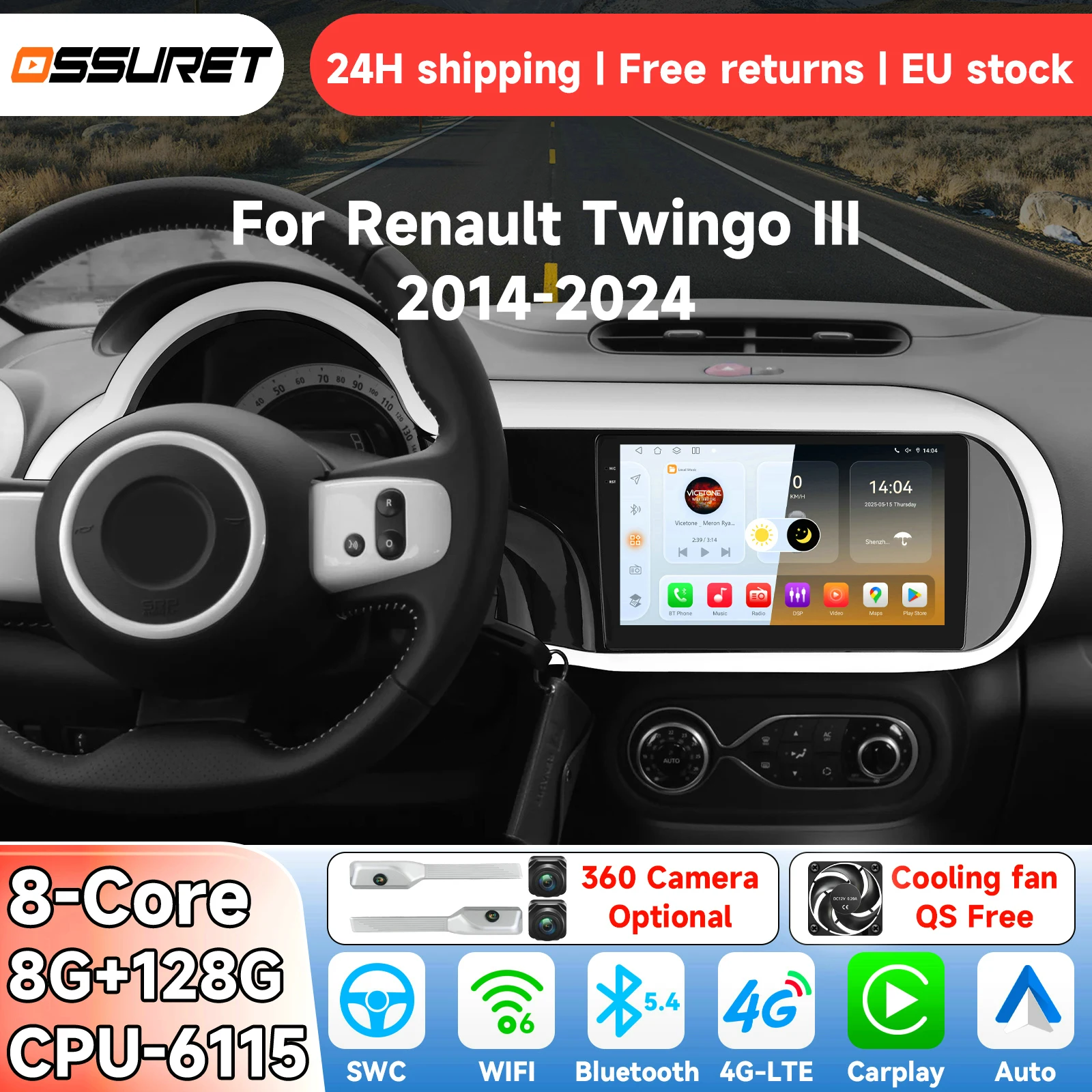 OSSURET Android 14 Autoradio per Renault Twingo Ⅲ 2014-2024 Sistema intelligente Carplay auto Lettore multimediale video GPS 4G 6115