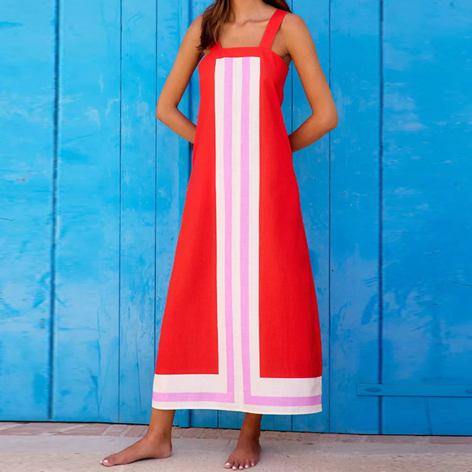 Vakantie Dames Gestreepte Patchwork Lange Tankjurk Losse Vierkante Hals Mouwloze A-lijn Jurk voor Dagelijks Reisfeest