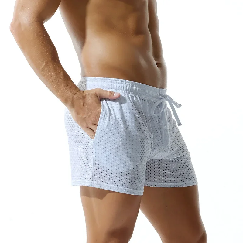 Men Solid Mesh Lounge Shorts Drawstring Waist Loose Fit With Pockets Elastic Plus Size Mid Rise Sports Boxer Shorts