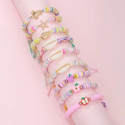 9Pcs/set Summer Beach Shell Fruit Charm Beads Soft Clay Bracelets for Sister Girls Friendship Party Birthday Jewelry Gift