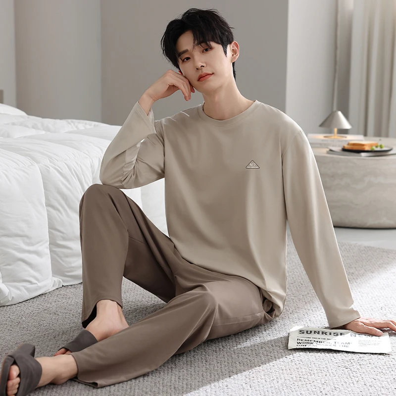 Pajamas Set Male Soft Modal Simple Solid Color Fashion Men Long Sleeve Long Pants Sleepwear Suit Spring Home Clothes Lounge Gift