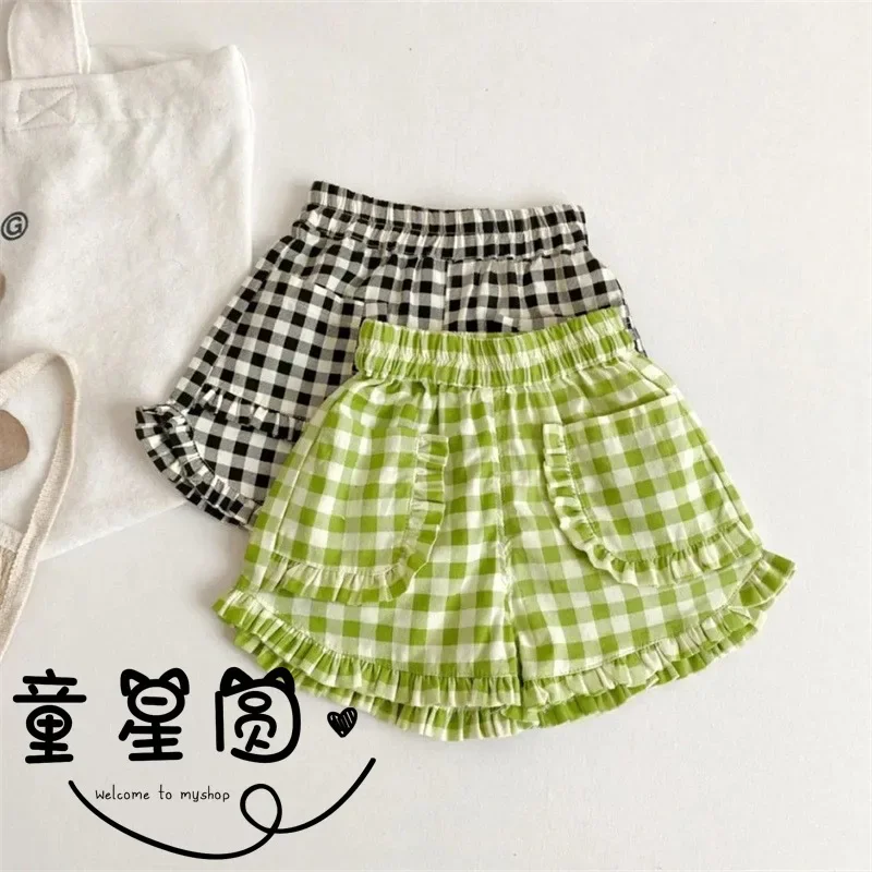 

1-6Years Old Girls Ruffles Shorts Summer Kids Baby Plaid Shorts Pockets Design Casual Elastic Waist Hot Pants Children Clothes