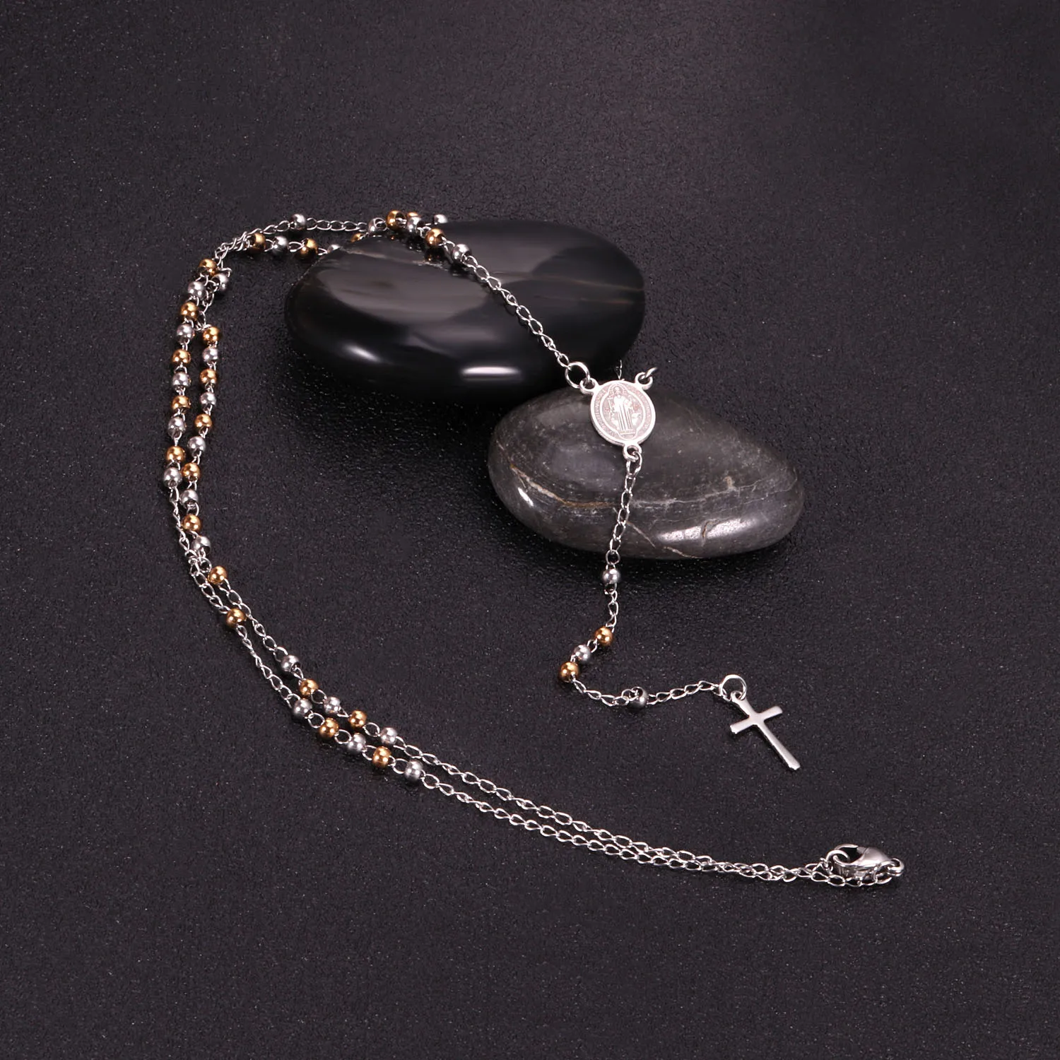 LUXUSTEEL Rosary Beads Cross Pendant Necklace Women Men Stainless Steel Prayer Jesus Long Link Chain Religion Christian Jewelry