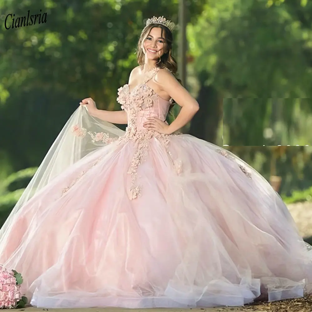 Merah Muda Satu Tali Bahu Plus Ukuran Gaun Bola Quinceanera Gaun Bunga Buatan Tangan Manik-manik Mutiara Manis 15 Prom Gaun Pesta