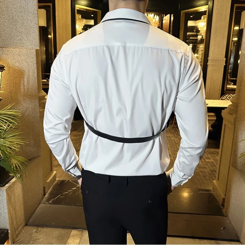 Men Strap Decoration Long Sleeve Shirts/Male Fashion Slim Fit Casual Shirt Brand Clothing Office Work White Shirts