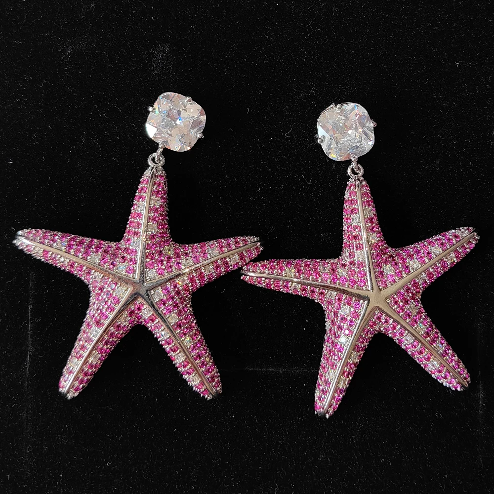 Luxury Large Size Zircon Starfish Dangle Earrings Sparkling CZ Dangle Earrings Beach Vacation Statement Jewelry Evening Party