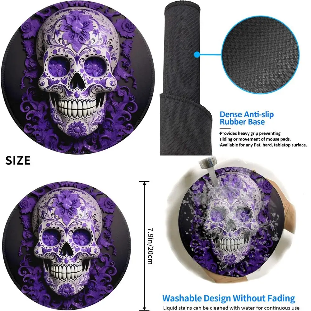 

Purple Floral and Sugar Skull Gaming Mouse Pad with Anti-Slip Rubber Base and Stitched Edges