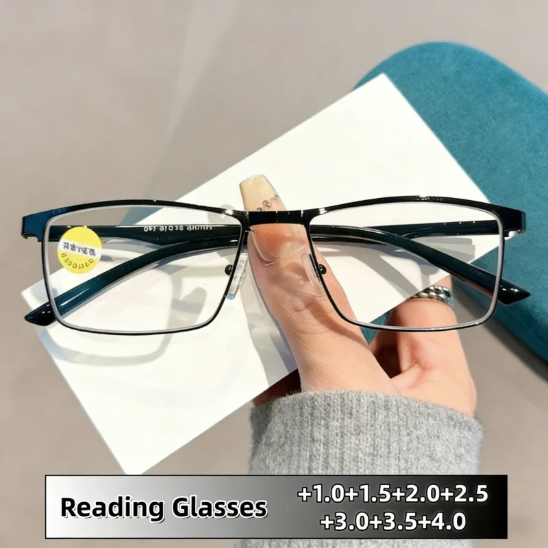 

TR90 Light and Flexible Metal Anti-blue Light Reading Glasses Classic Business Square Frame Eyeglasses for Men +1.0 To +4.0