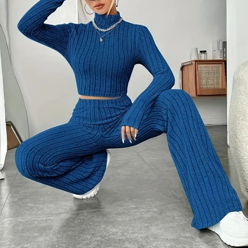 Solid Loungewear Women Autumn Knitted Ribbed Long Trousers And Turtleneck Full Sleeve Top Skinny 2 Piece Sets Tracksuits Outfit