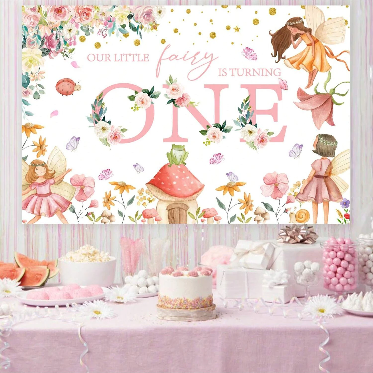 Forest Theme 1st Birthday Party Decorations, OUR LITTLE FAIRY IS TURING ONE Backdrop for Girls Birthday Party Supplies