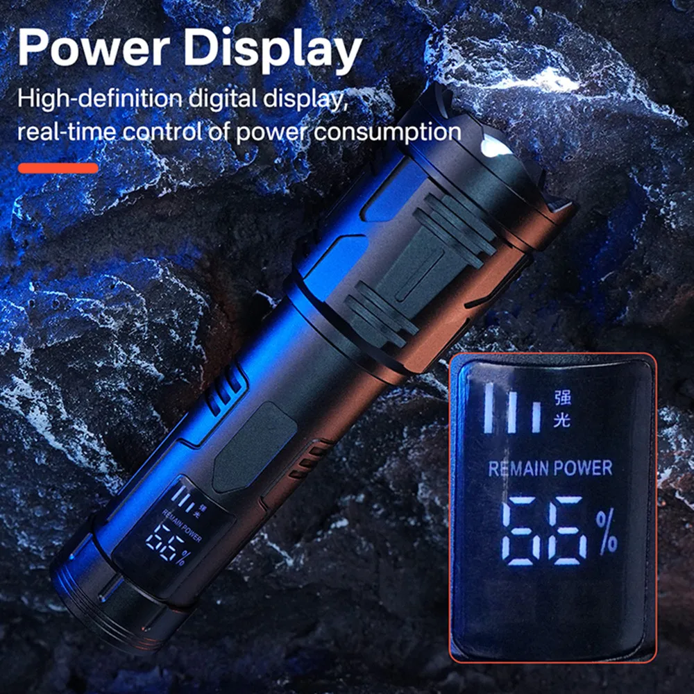 Lanterna LED de Alta Potência, Recarregável, Zoomable, Display Digital, Tocha Tática, Carregamento Tipo-C, Lanterna Portátil para Camping