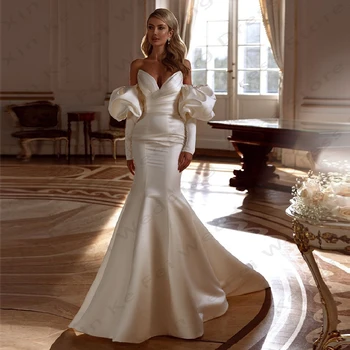 Abiti da sposa eleganti da donna con maniche a palloncino in raso staccabili, abiti da sposa principessa sirena spiaggia formale personalizzata 2025