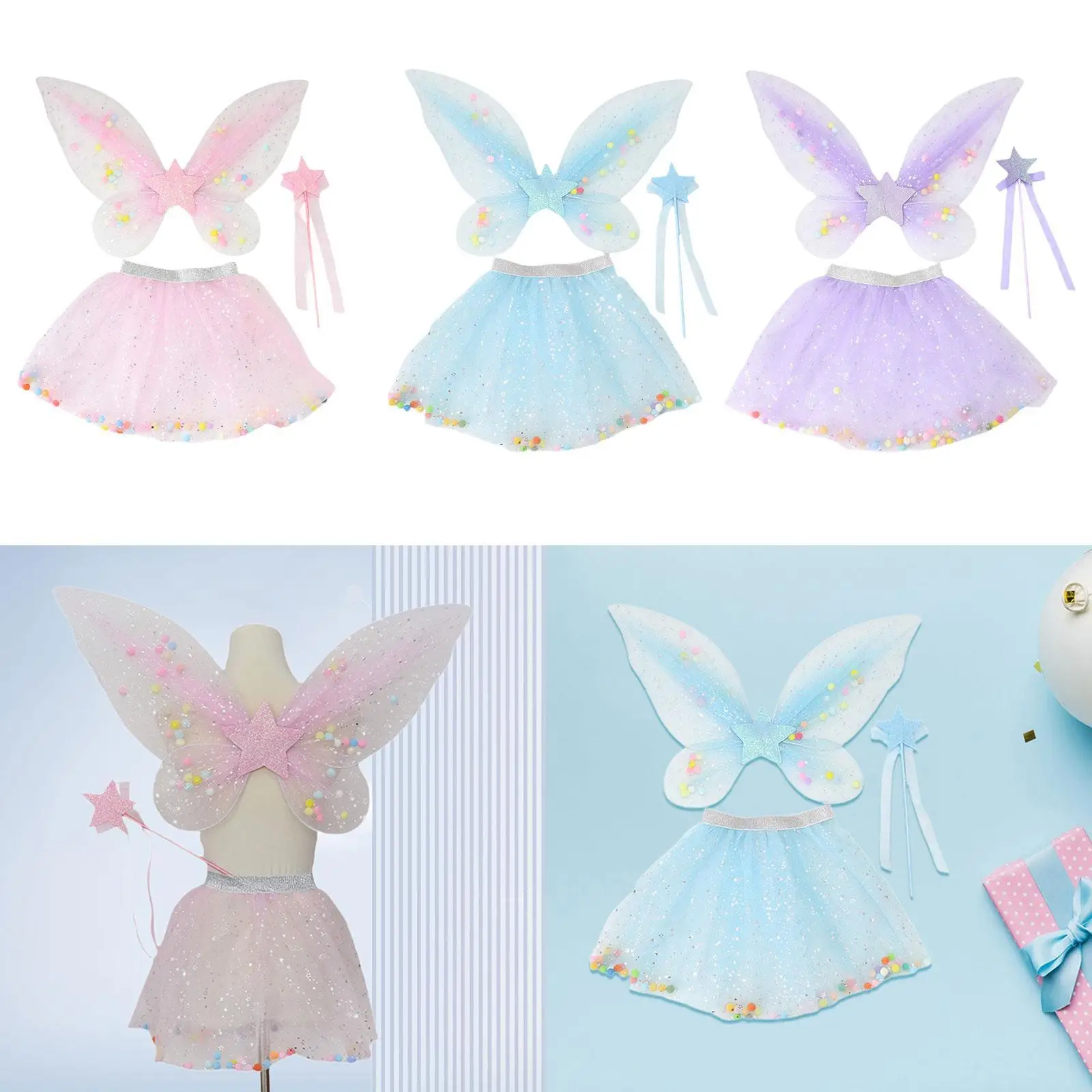 3x Girls Fairy Wings Tutu Skirt and Wand Set Stage Show Butterfly Costumes