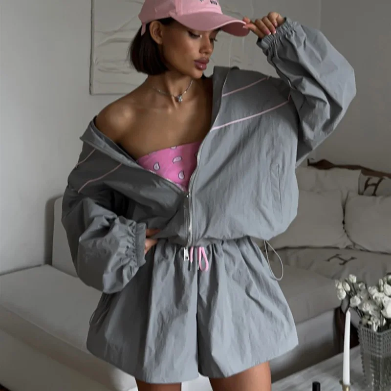 

Женская спортивная одежда, летний повседневный свободный костюм из двух предметов, кардиган на молнии с длинными рукавами, куртка на привязи, широкие шорты, спортивная одежда