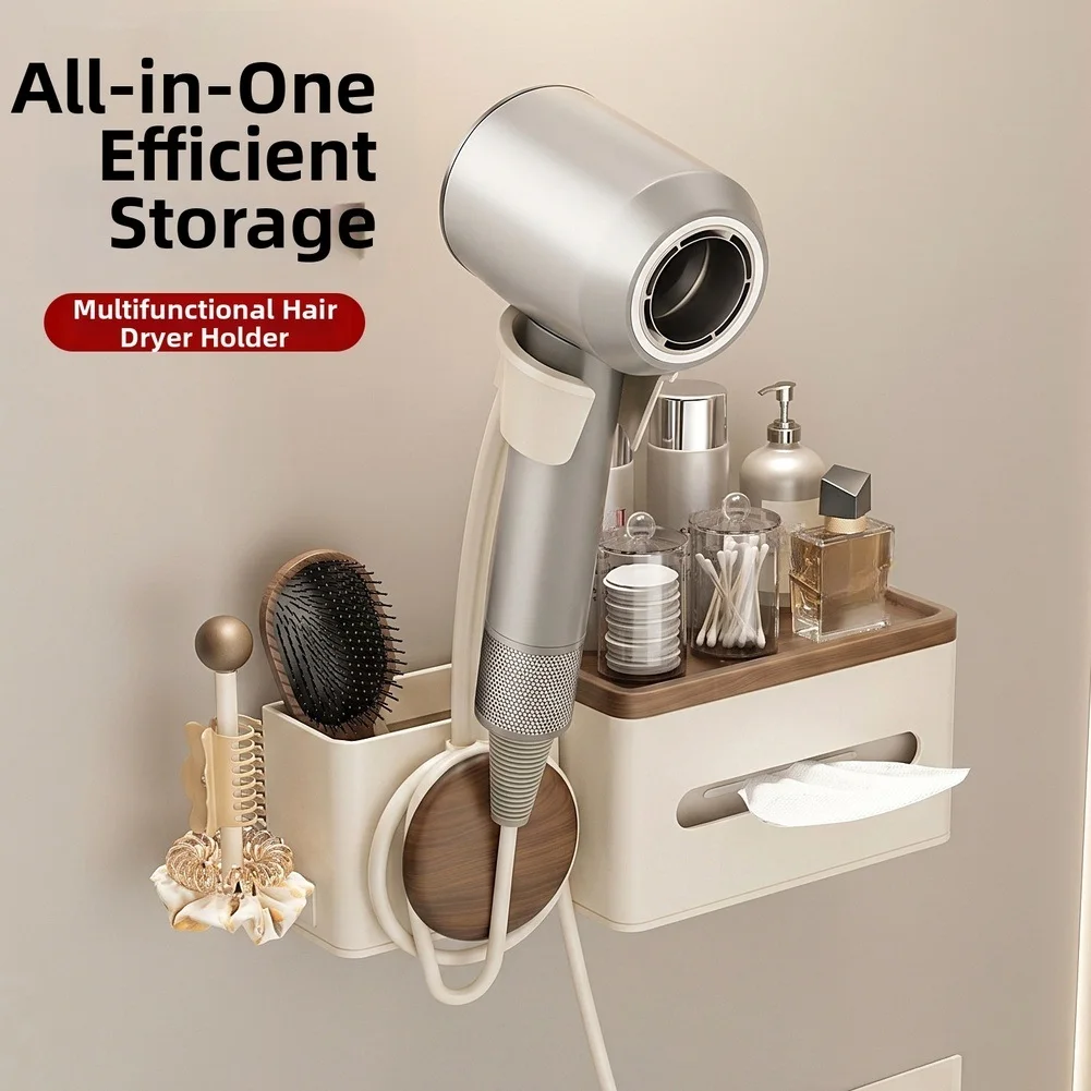 Hands Free Hair Dryer Holder Stand with Comb Organizer for Bathroom Storage Shelf Carbon Steel 32x15x12cm Cream