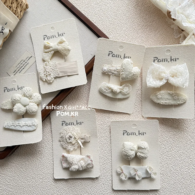 2pcs/set French Style Lace Bow Hair Clips for Kids Beiege Color Floral Gentle Bang Side Clips for Girls Cute Hair Accessories