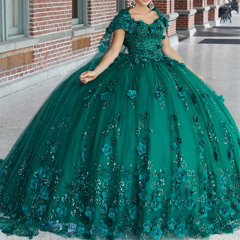 Smaragd-Jägergrüne Blumen-Vestidos de 15 Años Quinceañeras Kleider 2024, 3D-Blumen, Perlen, luxuriöse Geburtstags-Prinzessin-Ballkleider