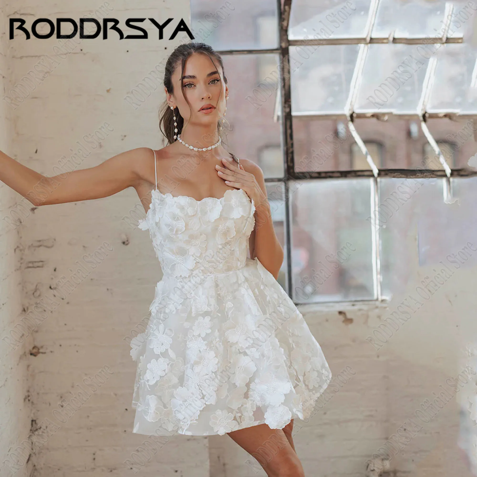 RODDRSYA Short Floral Print Wedding Dresses Spaghetti Straps Backless Flowers A-Line Tulle Vestidos De Novia Woman Custom