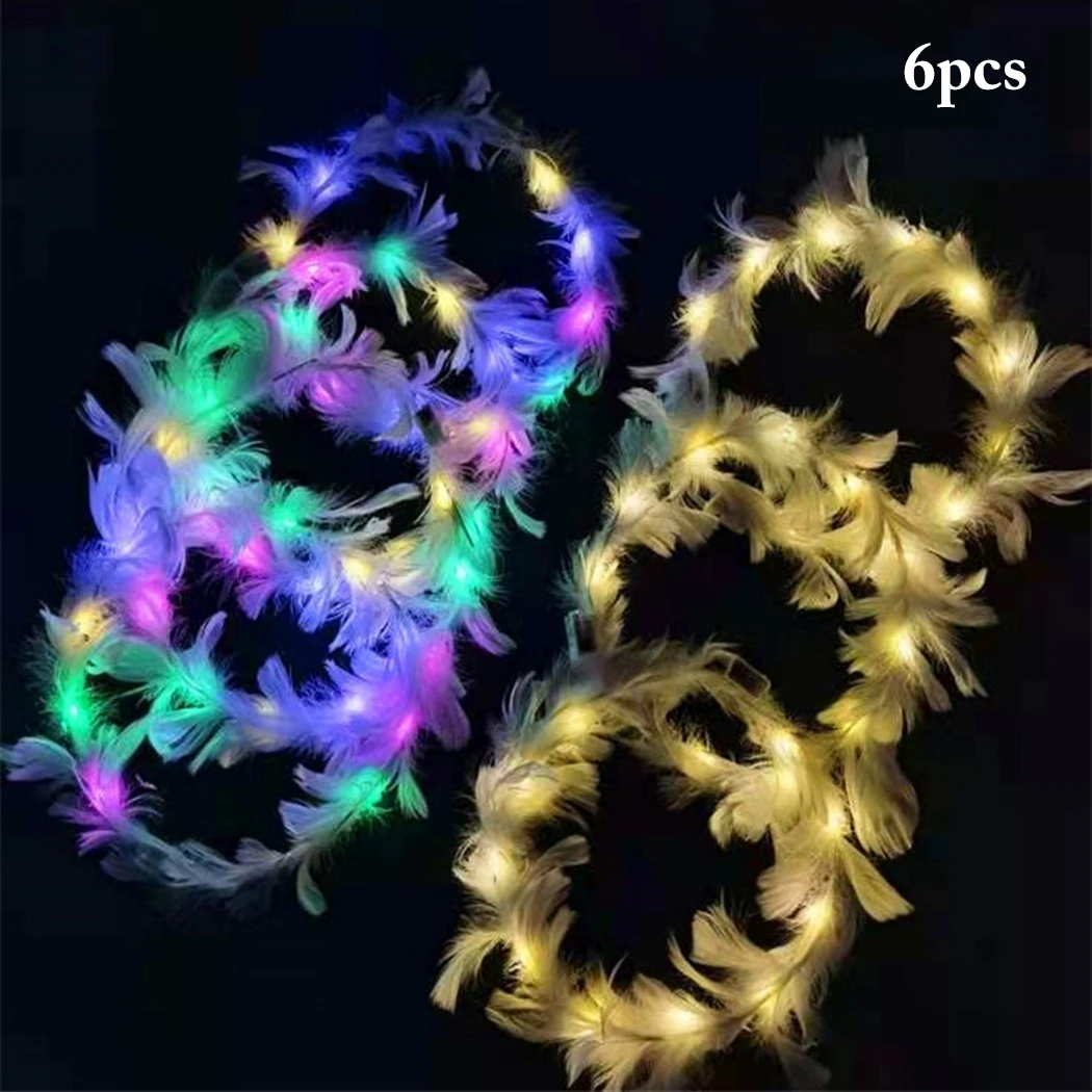 6Pcs LED Christmas Headband Light Up Feather Angel Crown Wreath Headbands Luminous Hair Accessories Headdress For Women Kids