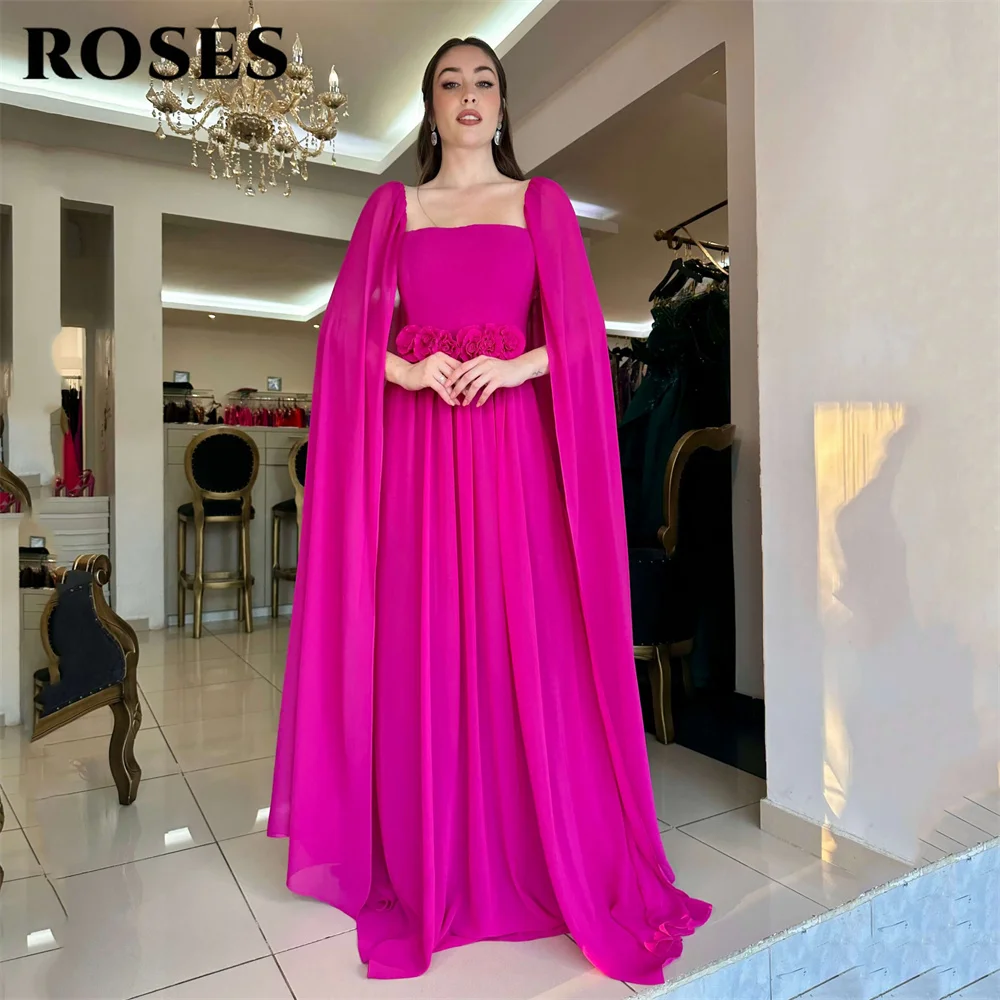 

ROSES Fuchsia Party Dress Square Neck Night Dresses Floral Waistband 프롬 드레스 Sheer Cape Sleeves Celebrity Dress Customized