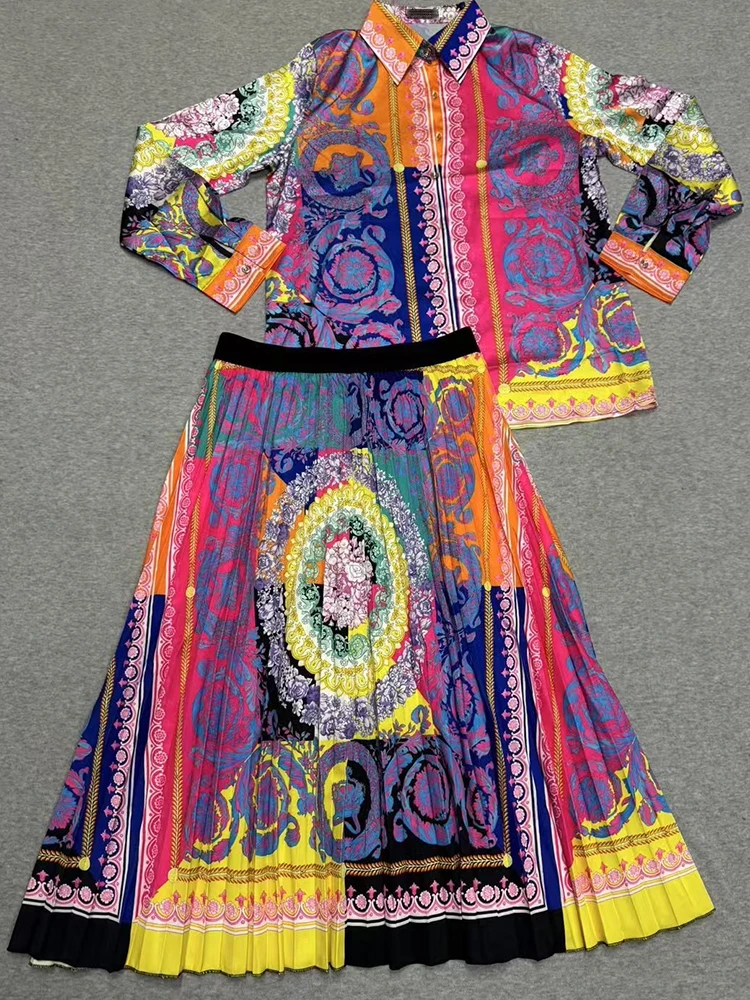 Temperament printed lapel single-breasted shirt Spring/Summer 2025 new women's suit+high waist and big skirt two-piece suit