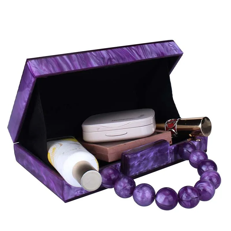 Square Acrylic Handbag Box with Pearl Beads Chain for Women 2024 Trendy Marbling Clutch Purse Wedding Evening Party Shoulder Bag