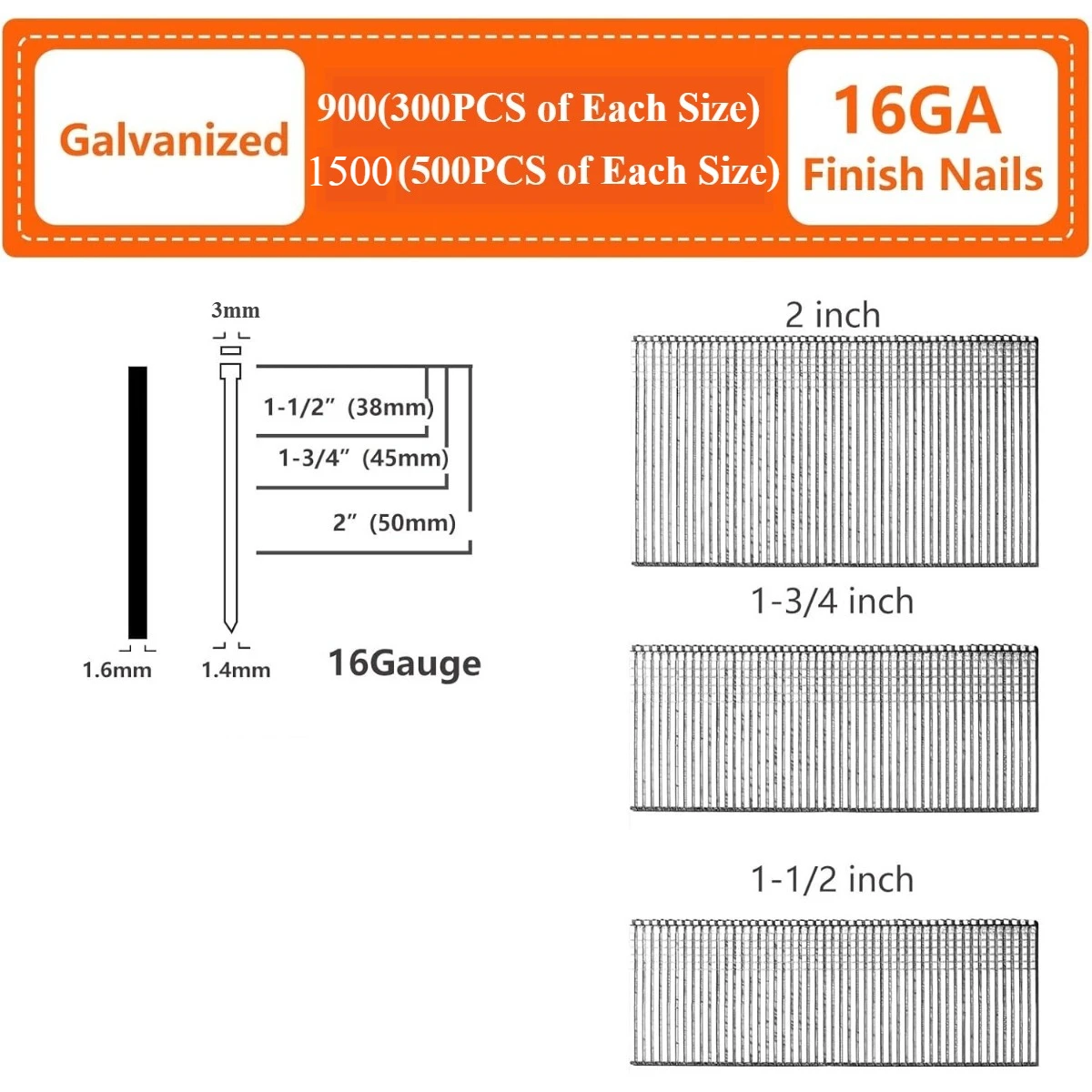 Straight Finish Nails, 16 Gauge, 900/1500/2500-Pack (1-1/2