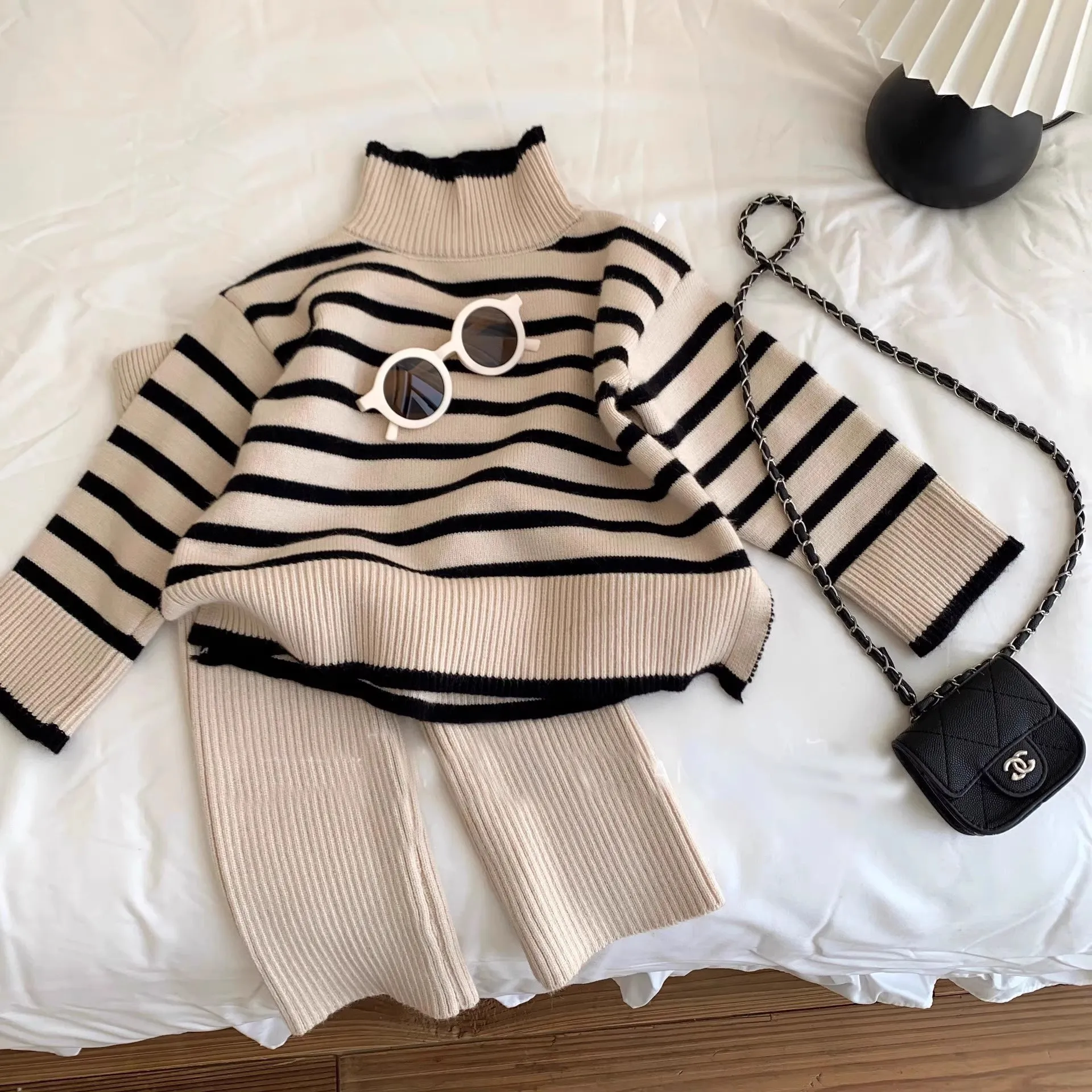 Autumn Children Girls 2PCS Clothes Set RAISE 2-12Yrs Kids Grils Striped Turtleneck Pullovers Sweater Warn Wide Leg Pants Outfits