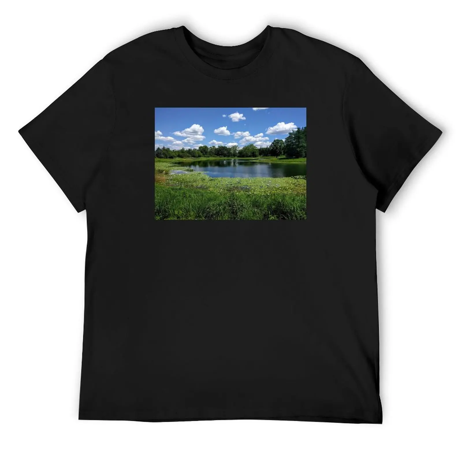 Idyllic Landscape: Sky, Clouds, Water, Origami Boats, Lilly Pads, And Tall Grass T-Shirt summer clothes Short sleeve tee men