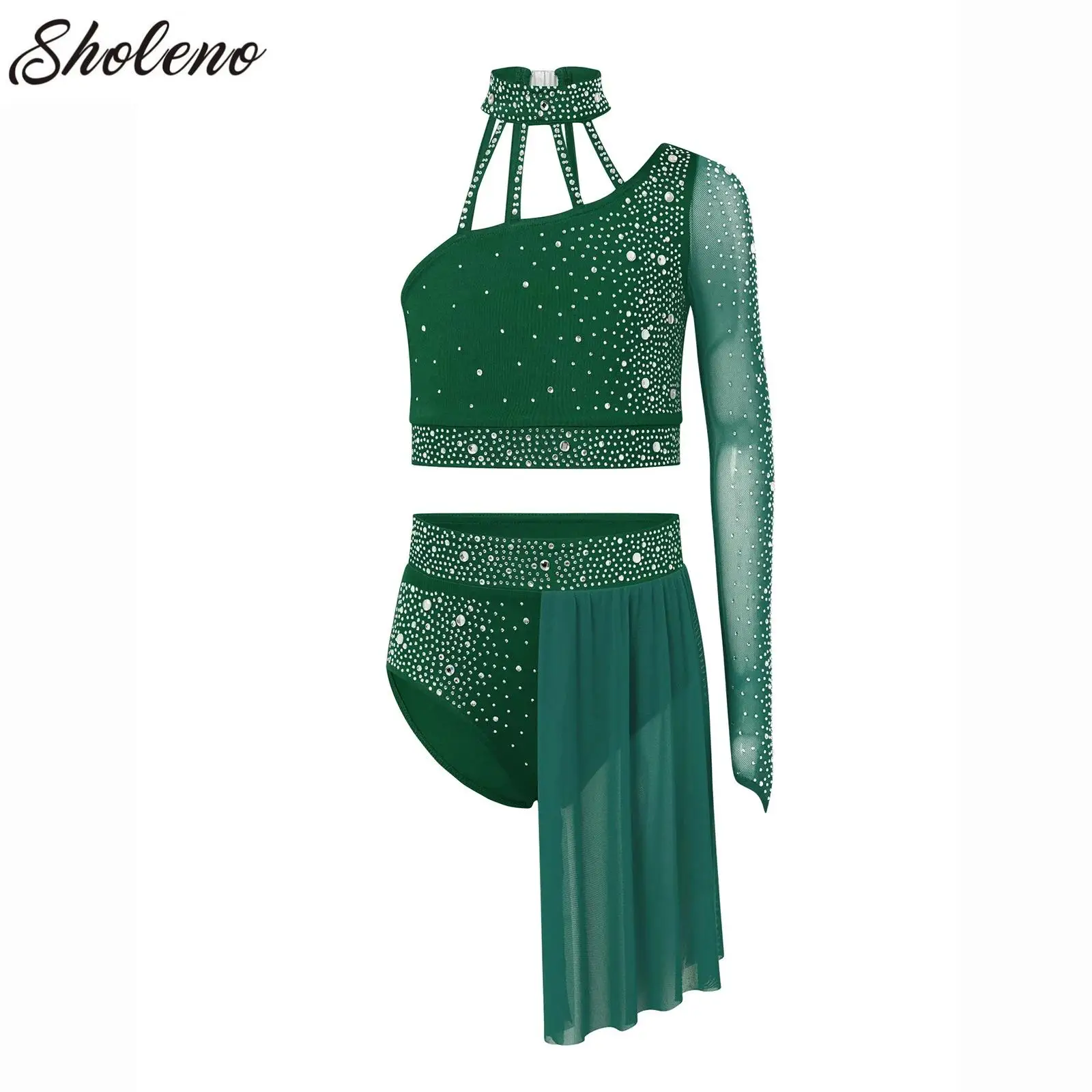 Kids Girls 2Pcs Ballet Dance Sets Performance Costume Rhinestones Gymnastics Jersey One Shoulder Crop Top with Irregular Skirt