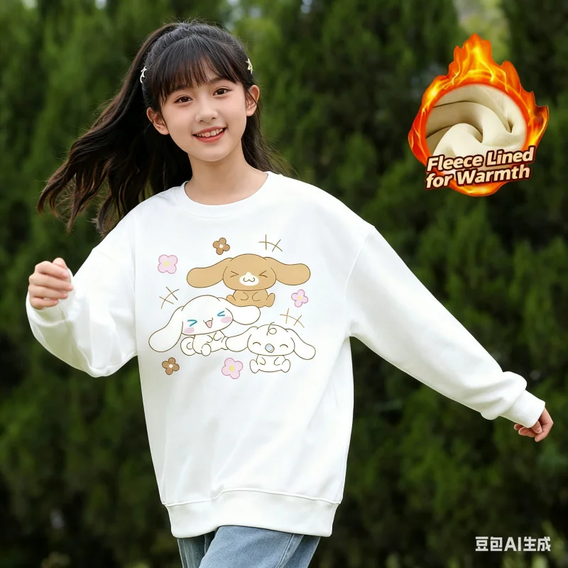 

2025 Sanrio Series Printed Crew Neck Long-Sleeve Top, Cute and Warm Fleece-Lined Crew Neck Long-Sleeve T-Shirt, 100% Cotton