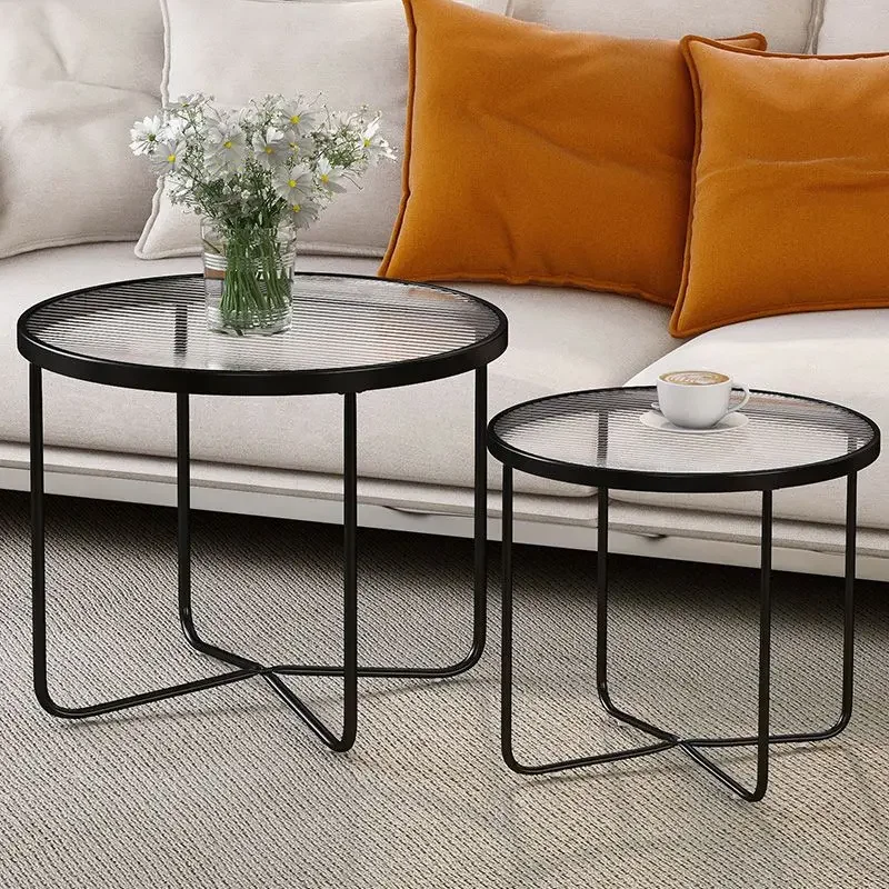 

Small Cream Style Coffee Tables Living Room Courtyard Mesas Household Nordic Circular Tempered Glass Commercial Coffee Table