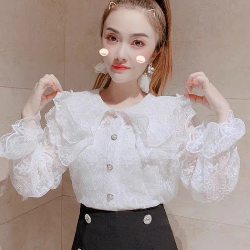 2024 Spring Autumn Fashionable Large Lapel Heavy Industry Lace Shirt for Women Western-style Trendy Doll Neck Elegant Loose Top