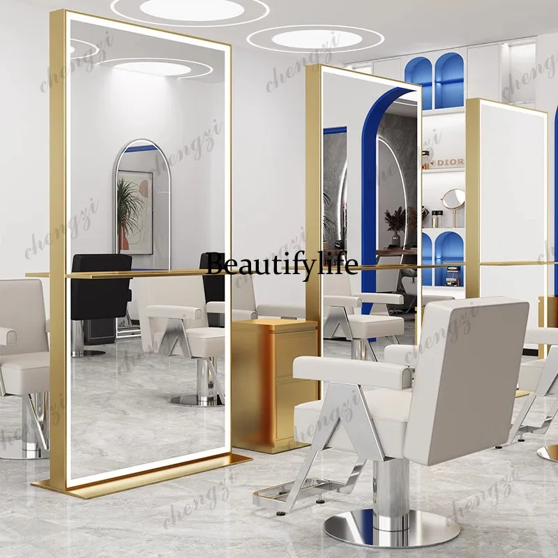 High-end barber shop mirror hair salon special hair cutting and hairdressing mirror table stainless steel double-sided floor