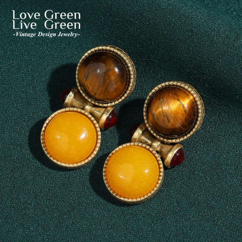 

Vintage Tiger Eye Natural Stone Beeswax Yellow Stud Earring Gold Color For Woman Luxury Accessories Jewelry Trends 2025 Wedding