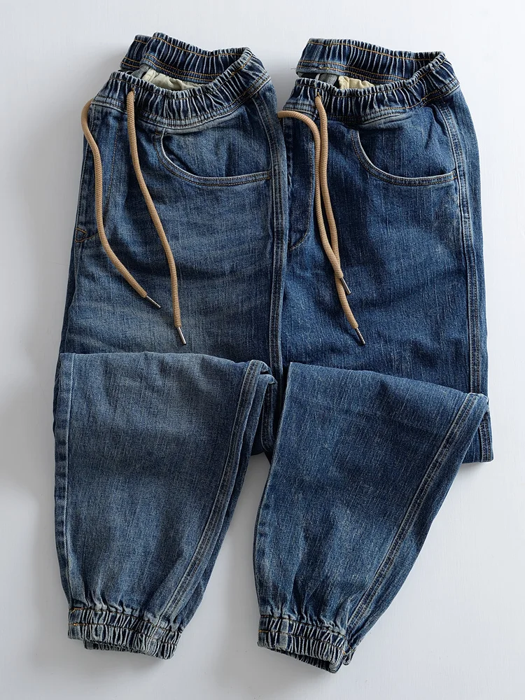 

Мужские джинсы из плотного денима с эластичным поясом, слегка эластичные, свободные рабочие брюки, повседневные зауженные длинные брюки с манжетами