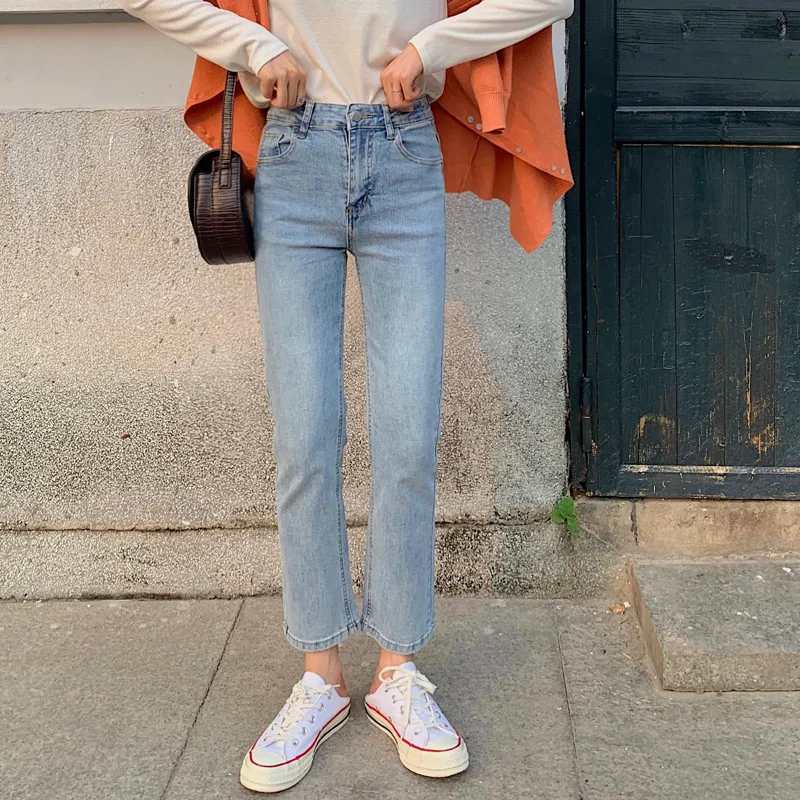 

H.sa Women Fall Winter Straight leg pants Mid Waist Ninth Denim Trousers Slim Skinny Ankle Length Plus Velvet Denim Pants