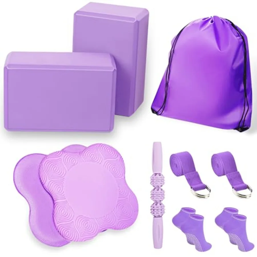2 Yoga Blocks portive Accories including 2 Knee Pads, 2 With Strap To Put L Weight On Wrists, 1 Muscle Massage Roller, 2 Pair o