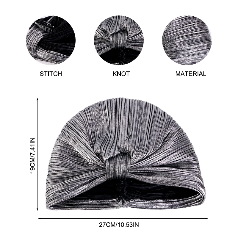 New Women's Metallic Pleated Knot Turban Hat Retro Ethnic Hat Elastic Head Wrap Shiny Beanies Head Scarf Bonnet Chemo Cap