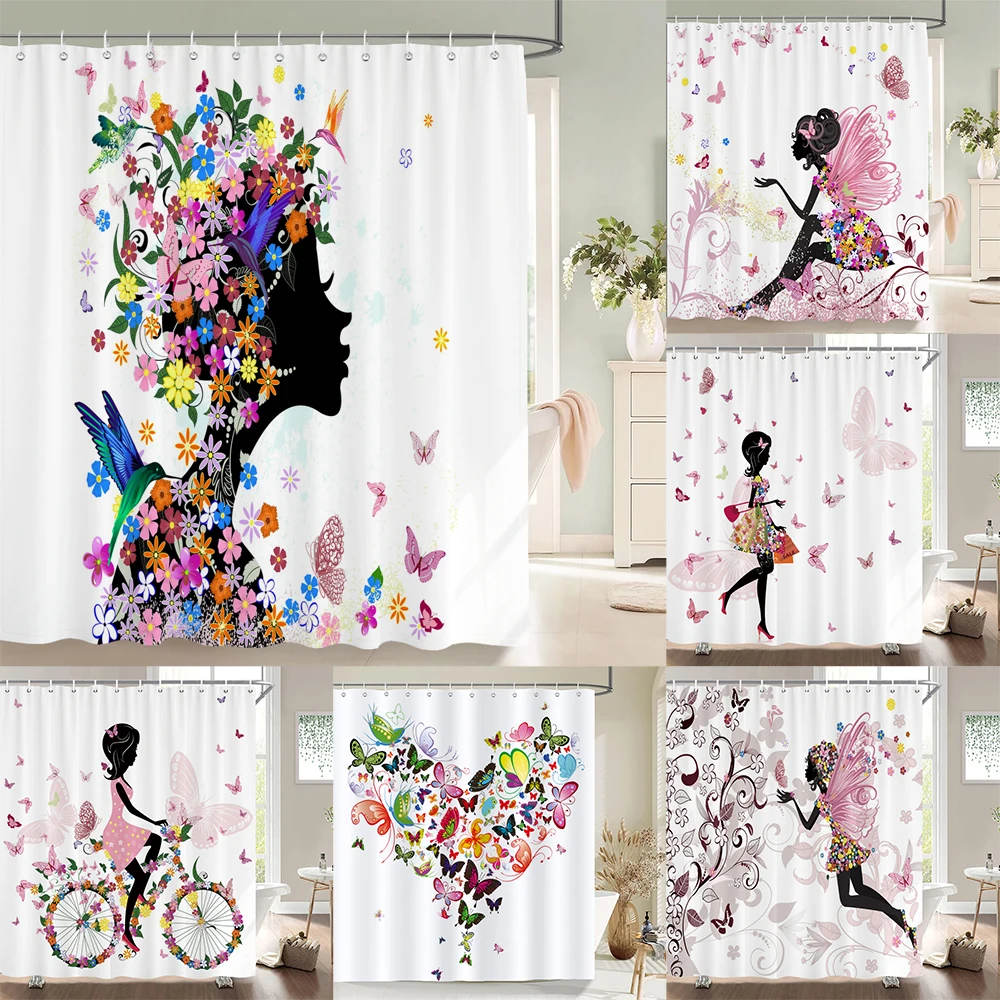 

1pc pink flower pattern shower curtain waterproof fabric shower curtain Butterfly Girl Printed shower curtain with hooks