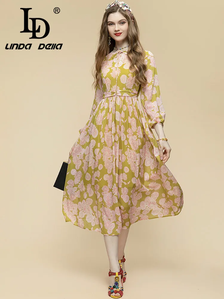 Imagem -03 - Linda Della 2023 Verão Moda Pista Férias Vestido Feminino Lanterna Manga Floral Impressão Festa de Férias Vintage Midi Vestido ld