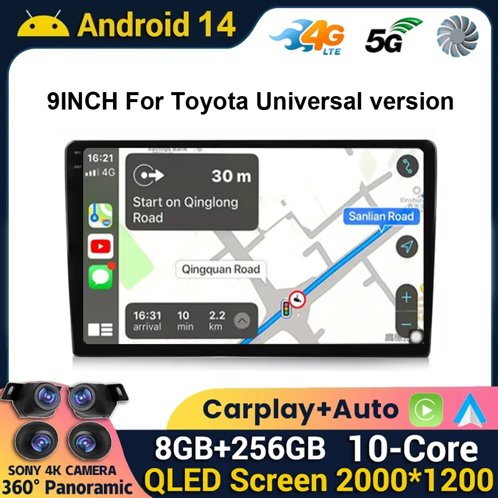 

9Inch Android 14 For Toyota Universal versio Car Multimedia Player Auto Navigation Stereo Head Unit WIFI WIreless Carplay 4G DSP