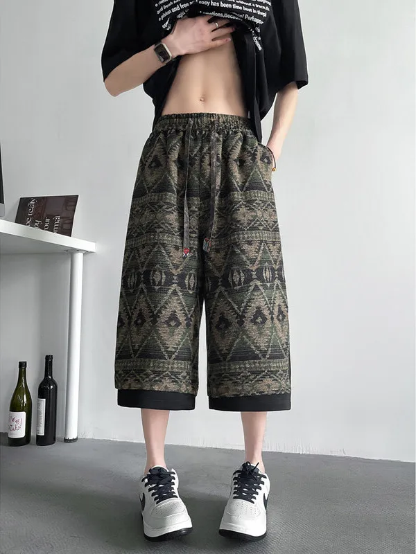 Etnische Sle Geborduurde 7/8 Lengte Heren Zomer Plus Size Casual Broek Losse Wijde Pijpen Broek Trendy Plus Size Faion