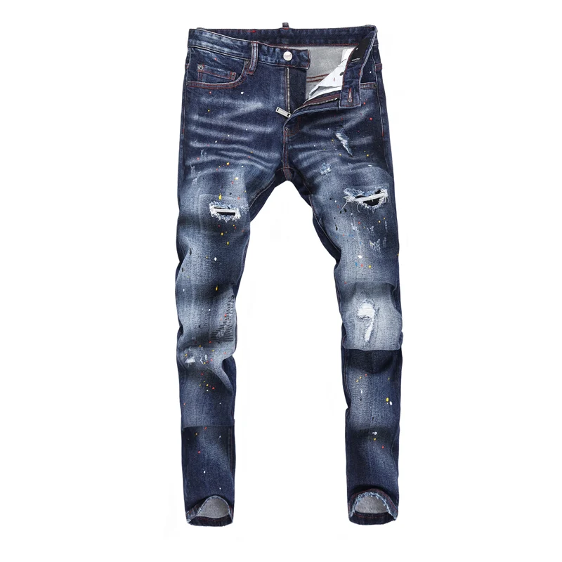 

Street Fashion men's painted split style jeans, high-quality elastic slim fit jeans, men's designer hip-hop brand retro blue pan