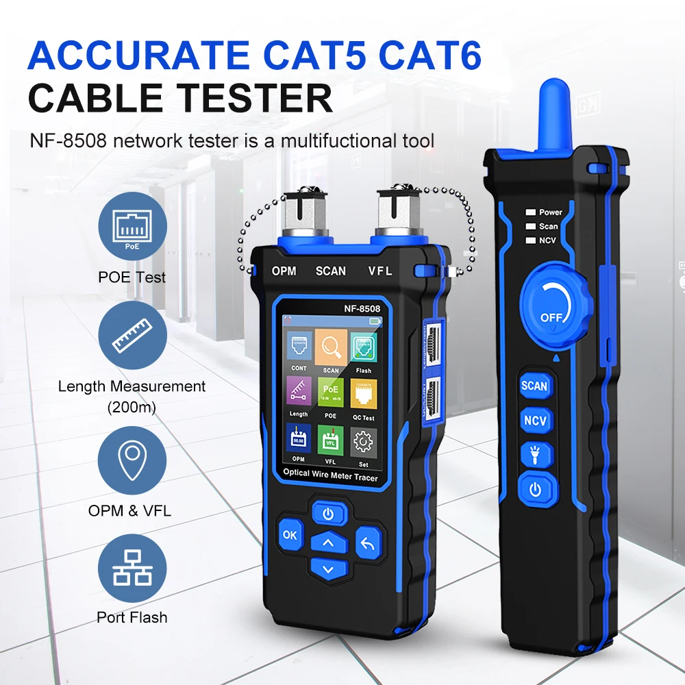 Noyafa NF-8508 Network Cable Tester Ethernet Cable Tracker with OPM VFL PoE Checker Measure Length Wiremap Tester Network Tools