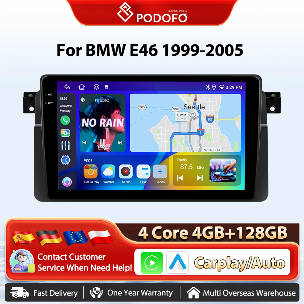 Podofo اللاسلكية CarPlay AI صوت راديو السيارة لسيارات BMW E46 1999-2005 أندرويد السيارات 8 الأساسية نظام تحديد المواقع والملاحة مشغل وسائط متعددة DSP EQ BT #1