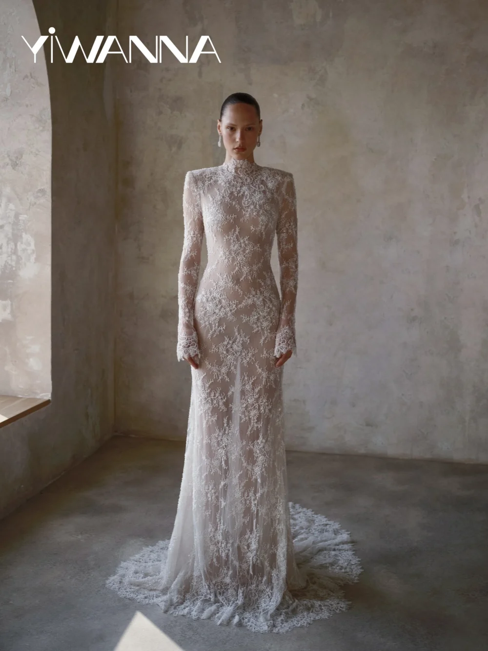 

Opulent Shimmering Beaded Wedding Dress Glamorous Lace High Collar Bridal Gown New Customized Graceful Long Dresses For Bride